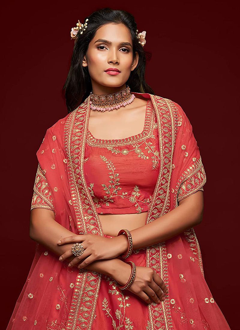 Wedding Red Bridal Lehenga With Embroidery Work
