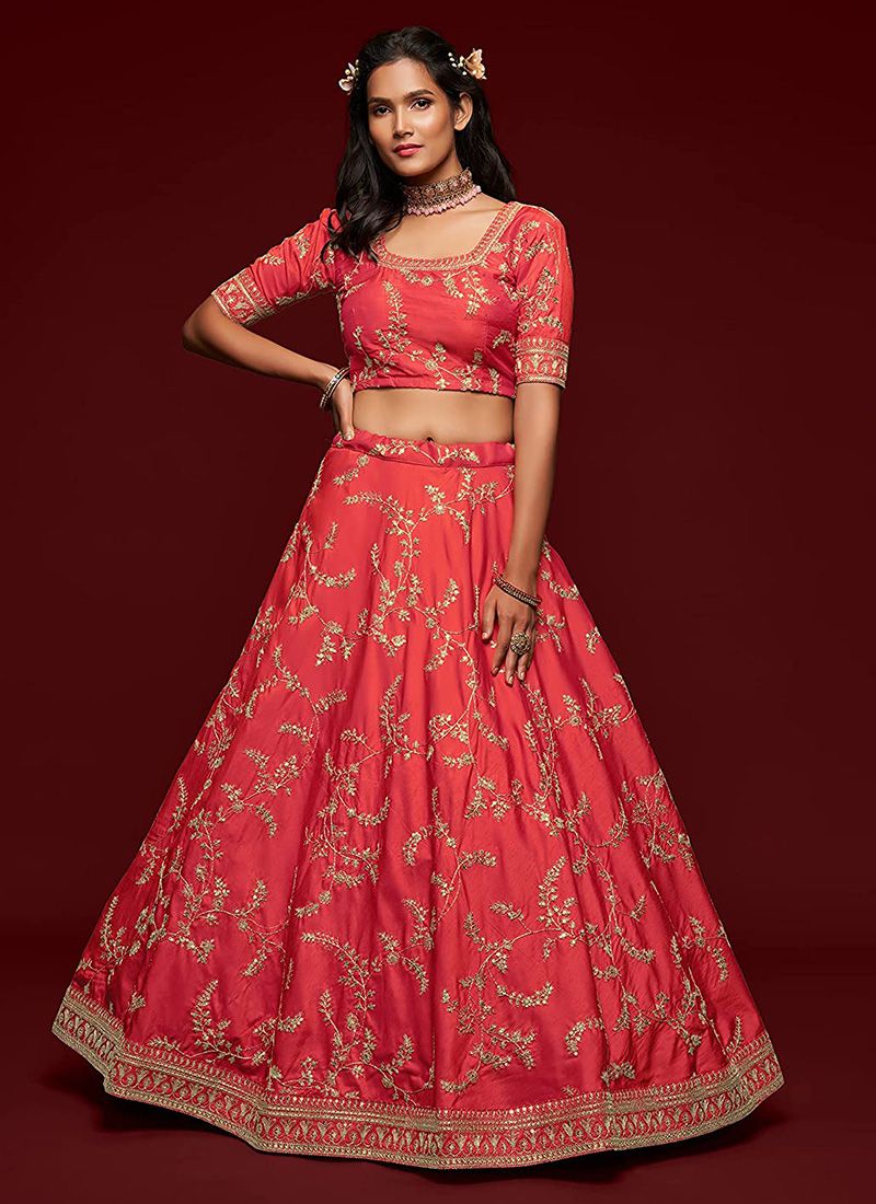 Wedding Red Bridal Lehenga With Embroidery Work