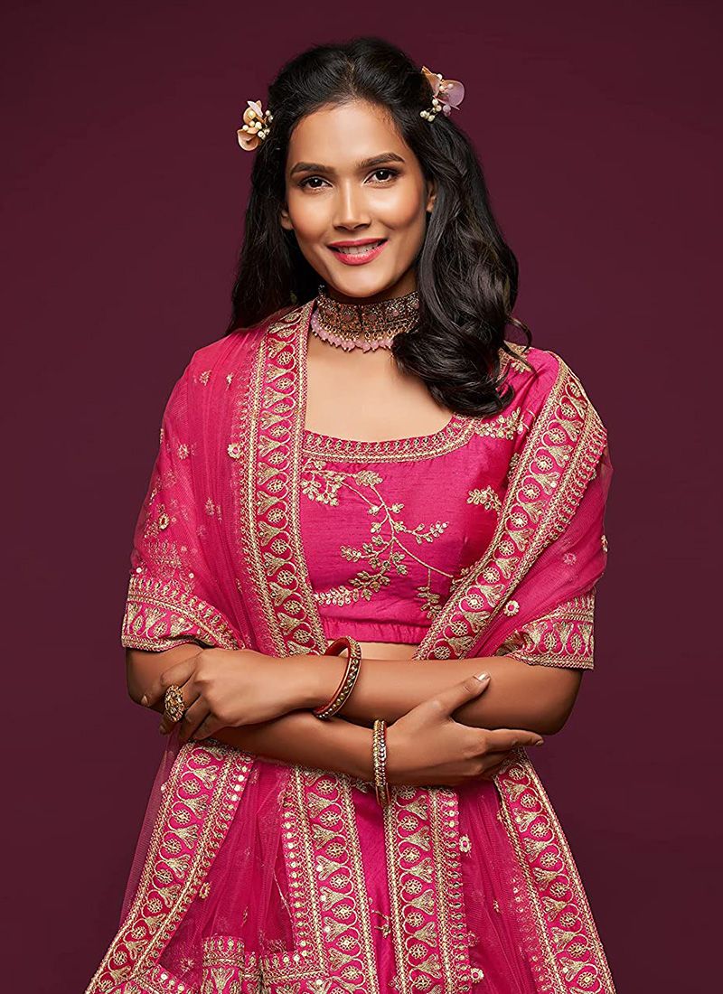 Art Silk Pink Reception Lehenga for Bride