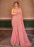 Light Pink Organza Resham Real Mirror Wedding Saree