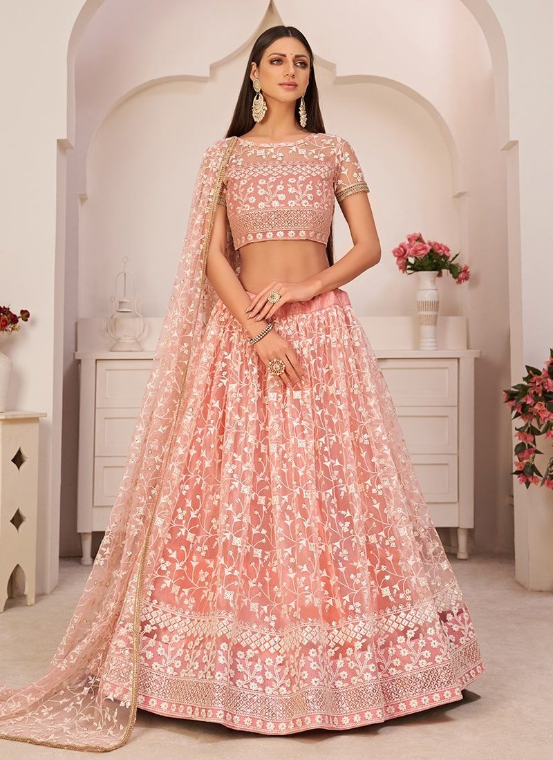 Gorgeous Peach Mono Net Wedding Wear Lehenga Choli