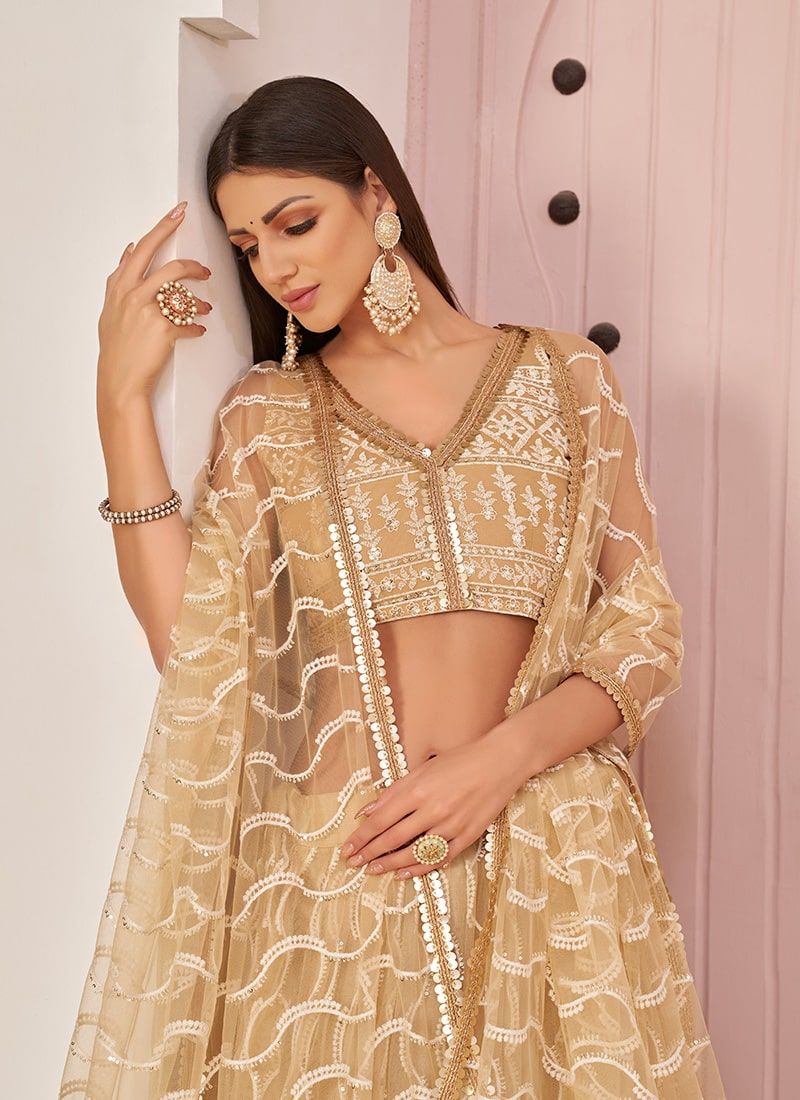 Latest Beige Color Plain Simple Net Lehenga Choli