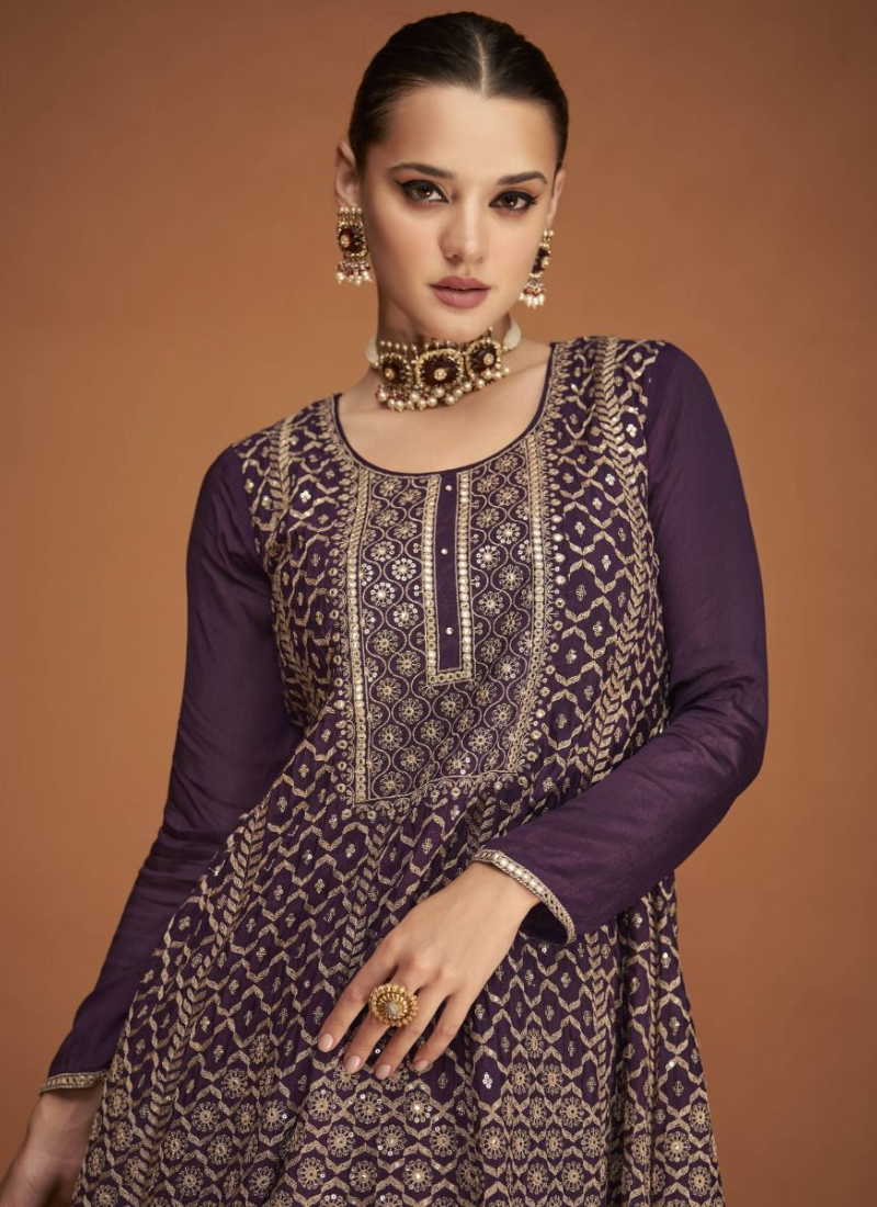 Amazing Wine Embroidered Chinon Sharara Suit For Wedding