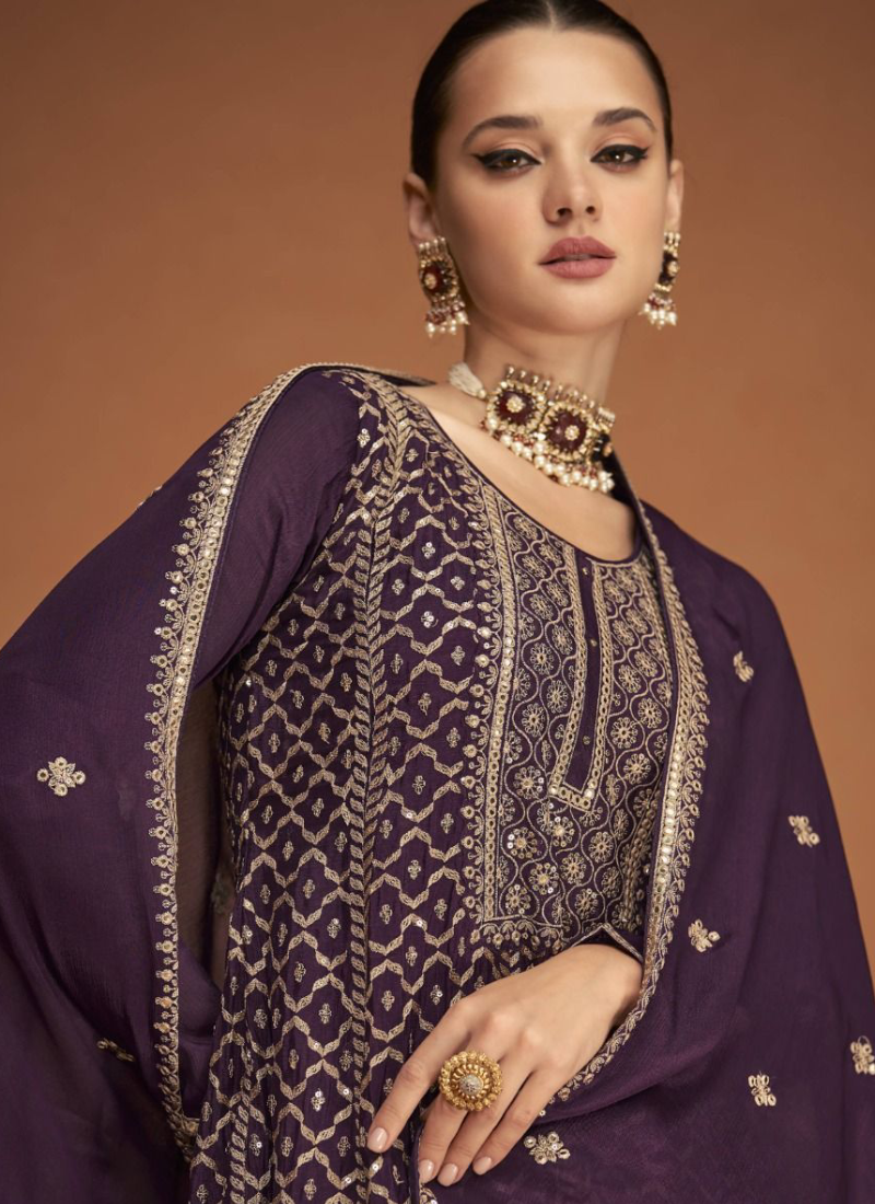 Amazing Wine Embroidered Chinon Sharara Suit For Wedding