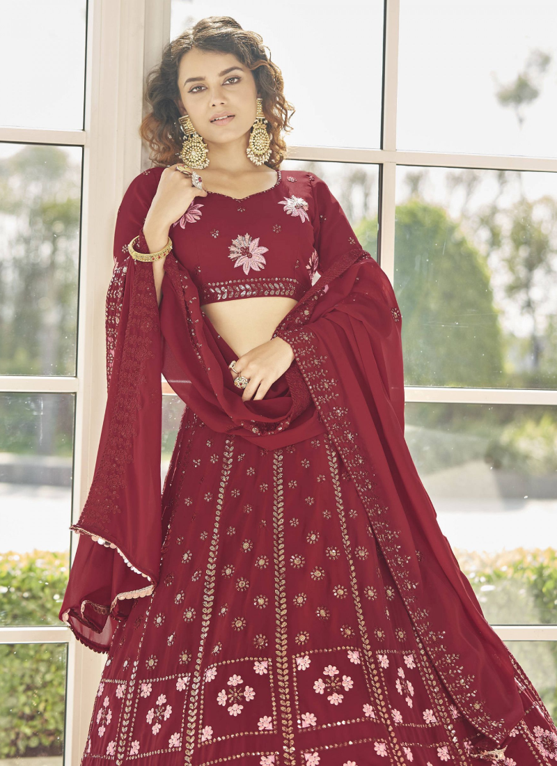 Attractive Multi-thread Sequence Red Georgette Lehenga Choli For Party