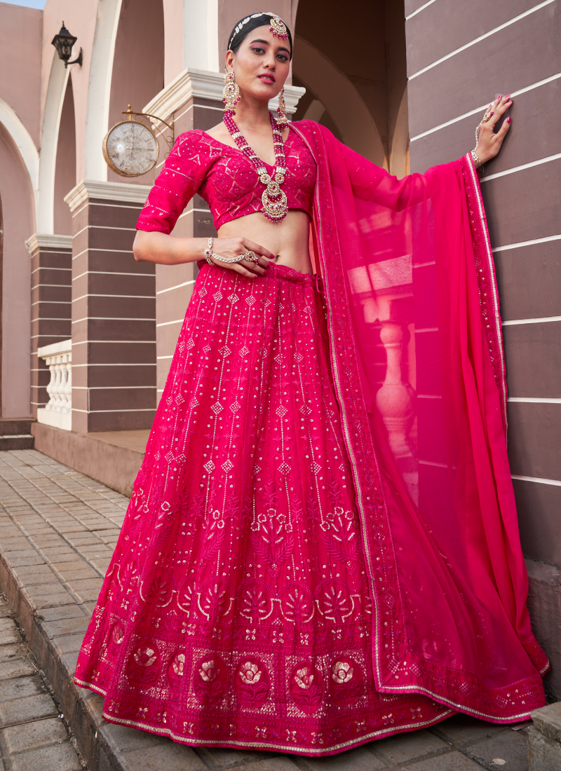 Brilliant Rani Pink Lucknowi Work Georgette Lehenga Choli