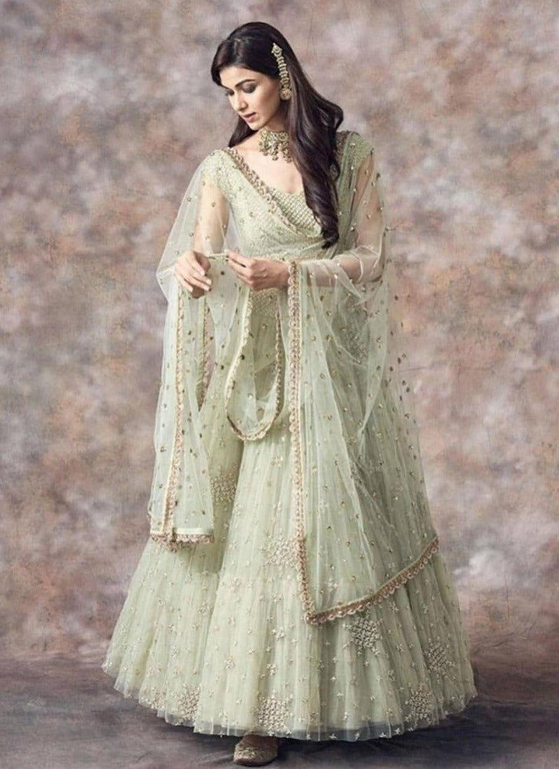 Wedding Pista Green Embroidery Net Lehenga Choli