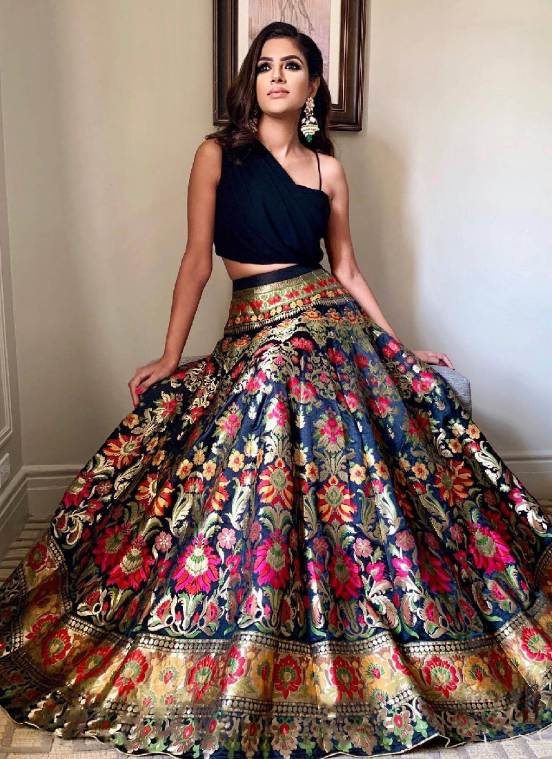 Indo Western Black Banarasi Lehenga With Designer Choli tapee.in