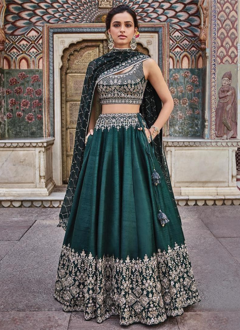Green Zari Embroidery Silk Wedding Lehenga Choli With Dupatta