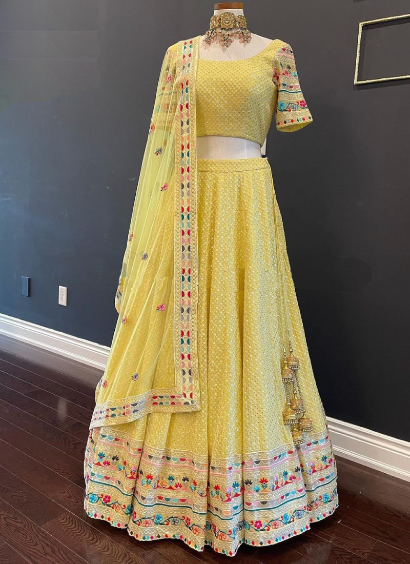 Stylish Yellow Embroidery Work Designer Yellow Lehenga for Haldi