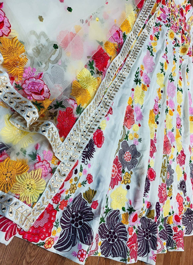 Wedding Wear Multi Thread Sequence Work Simple White Lehenga Choli