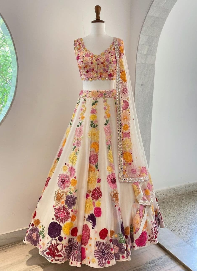 Wedding Wear Multi Thread Sequence Work Simple White Lehenga Choli