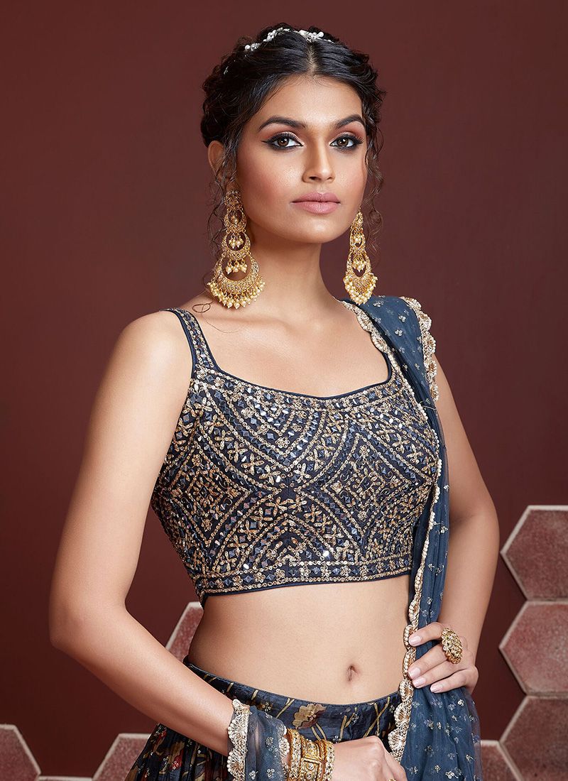 Digital Printed Navy Blue Lehenga Designs With Real Mirror Work Choli