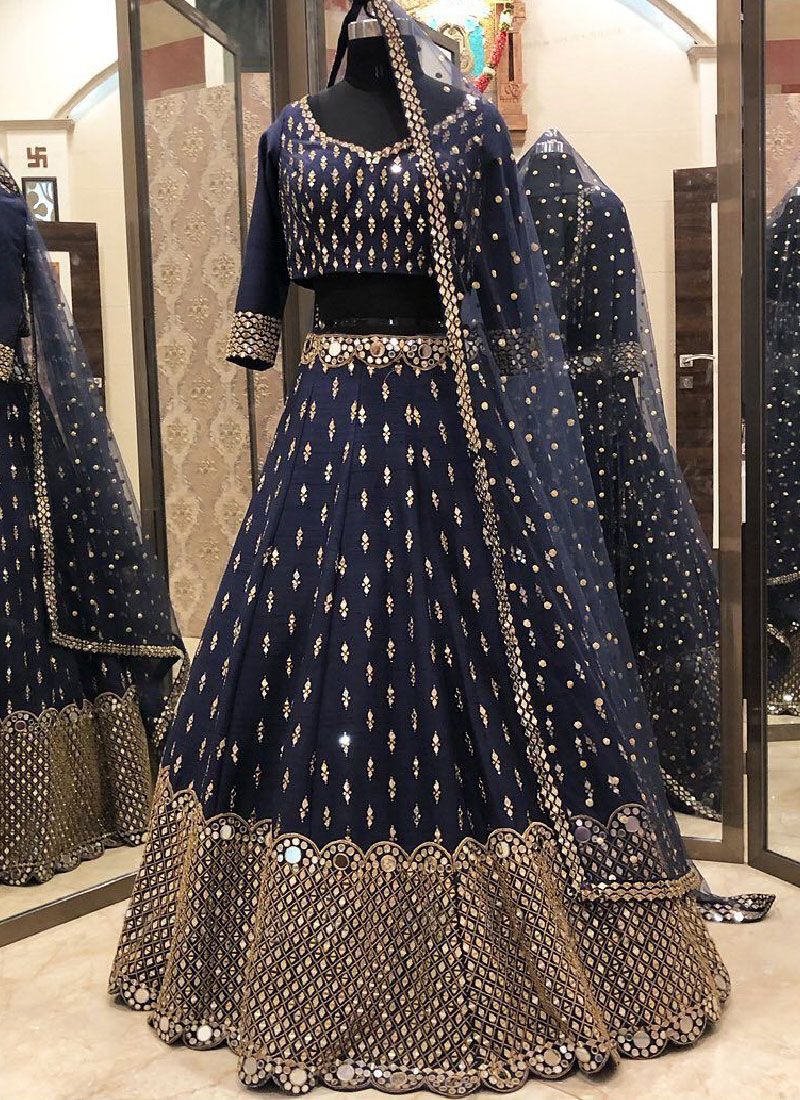 Wedding Wear Heavy Silk Navy Blue Color Foil Mirror Work Sangeet Lehenga