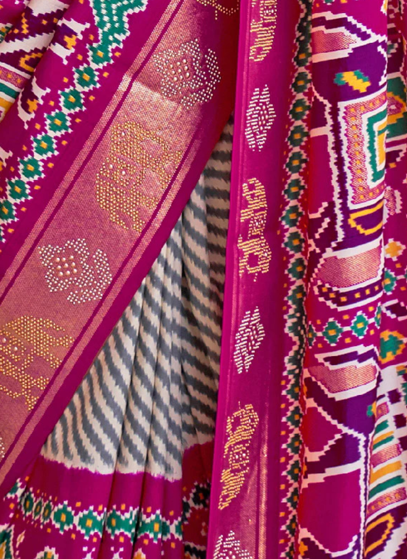 Patola Silk Grey and Pink Leheriya Design Saree