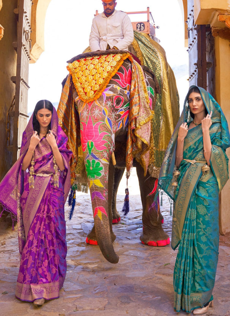 Designer Silk Zari Weaving Work Beige And Sky Blue Saree –