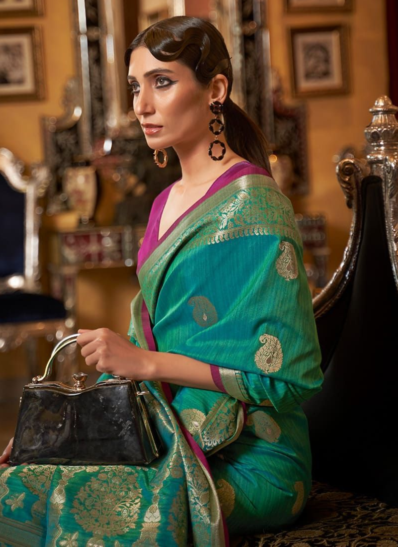 Tussar Silk Festive Wear Teal Green Saree With Contrast Blouse Design