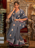 Ceremonial Grey Color Tussar Silk Indian Wedding Saree