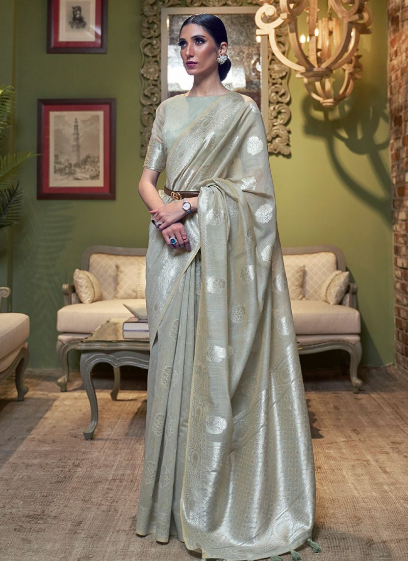 Light Weight Grey Color Linen Festival Saree Collection
