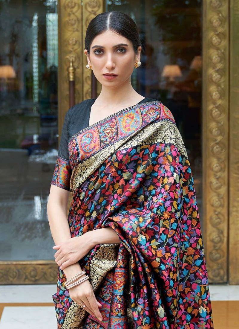 Black Party Wear Kashmiri Modal Handloom Weaving Saree