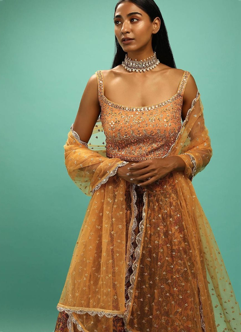 Haldi Special Chinon Silk Yellow Wedding Lehenga Design