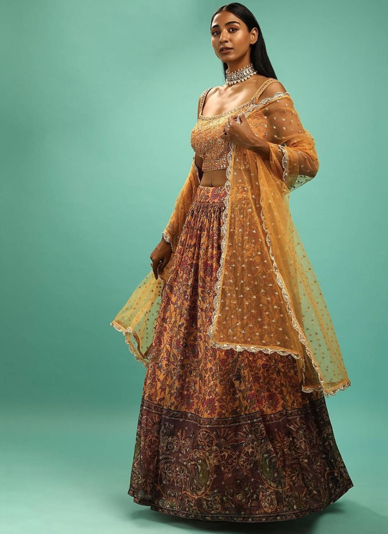 Haldi Special Chinon Silk Yellow Wedding Lehenga Design