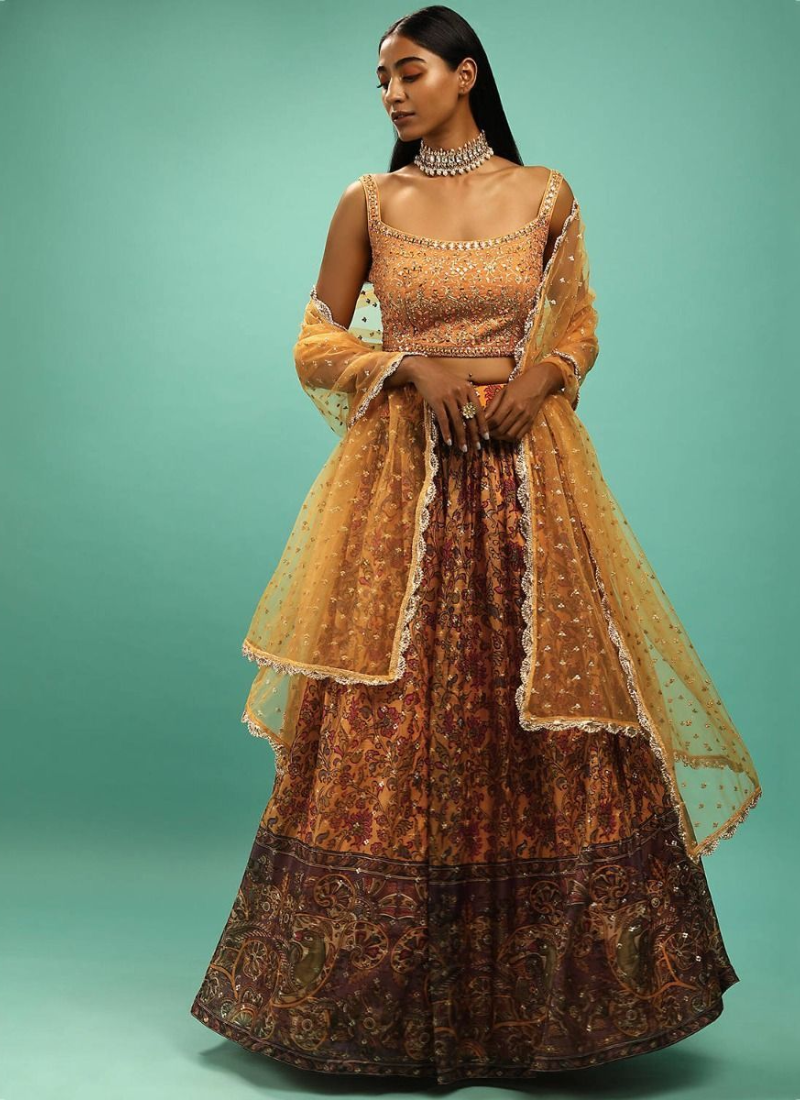 Haldi Special Chinon Silk Yellow Wedding Lehenga Design
