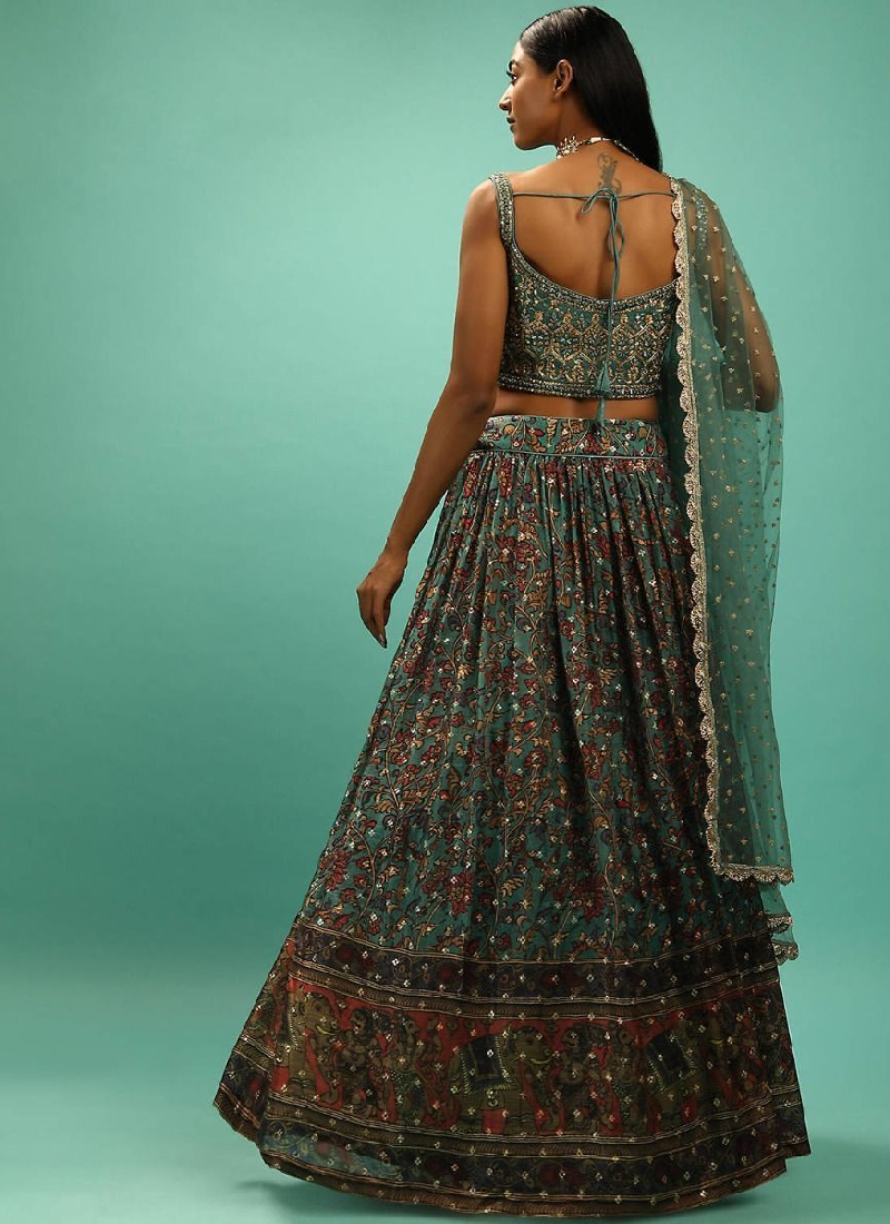 Party Wear Chinon Silk Green Designer Lehenga Choli