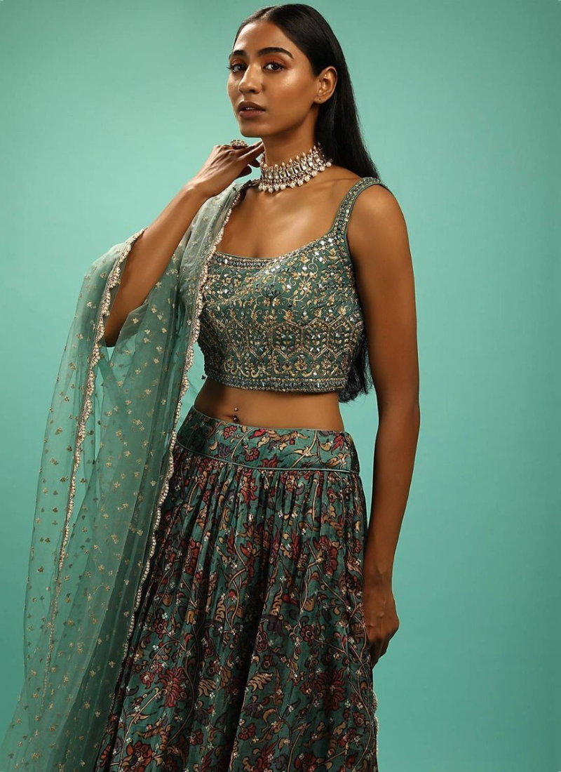 Party Wear Chinon Silk Green Designer Lehenga Choli
