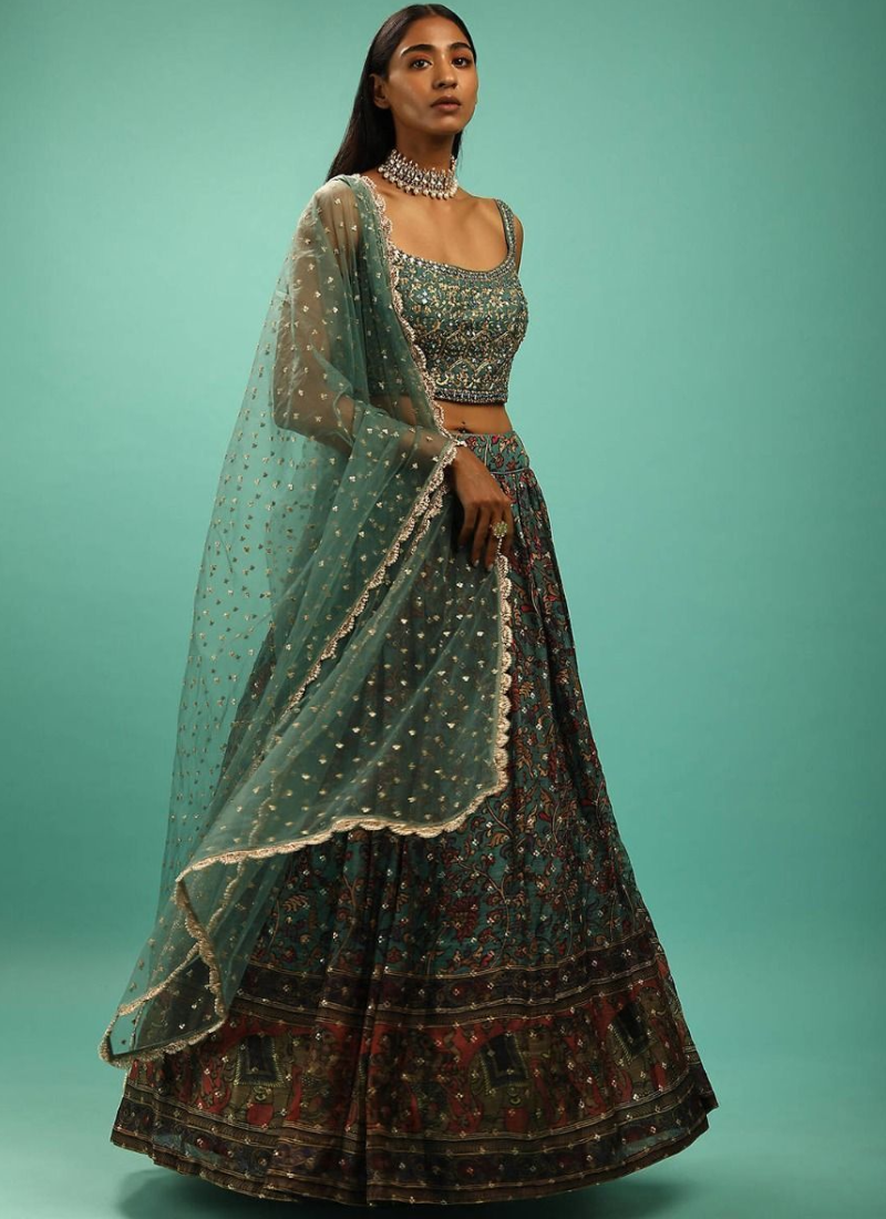 Party Wear Chinon Silk Green Designer Lehenga Choli