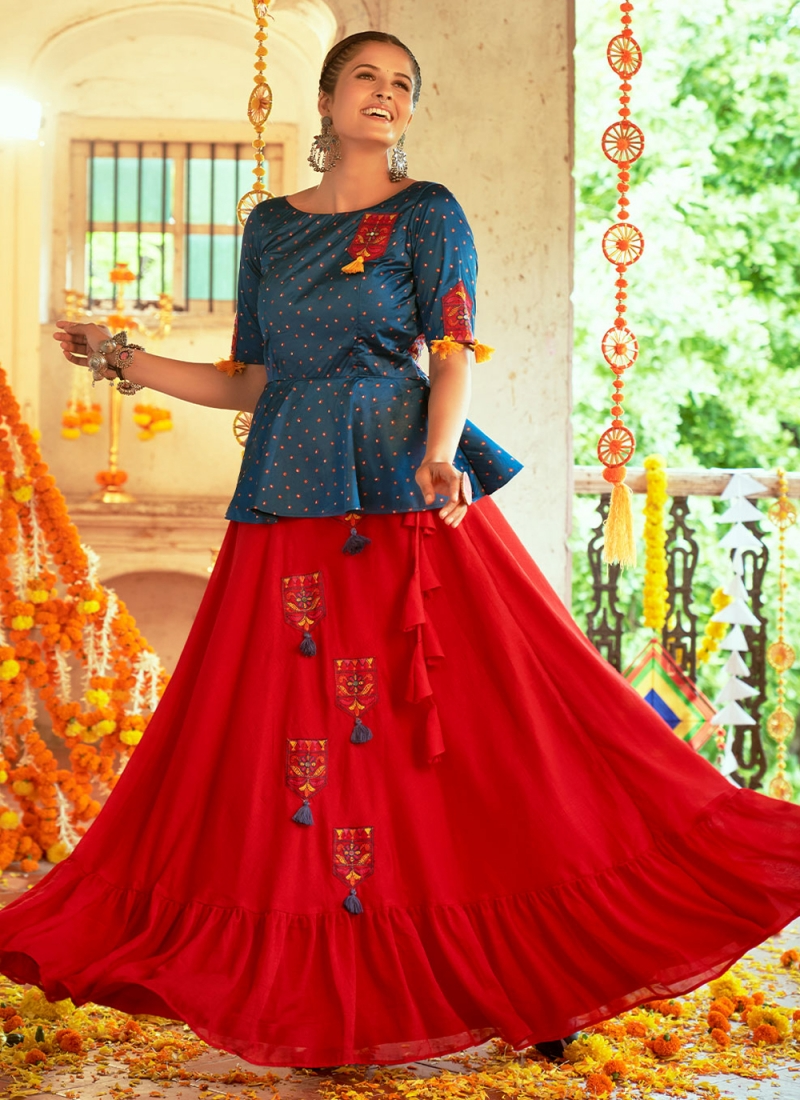 Red Silk Ruffle Navratri Lehenga With Kediya Style Blouse