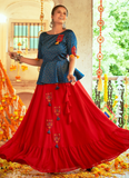 Red Silk Ruffle Navratri Lehenga With Kediya Style Blouse