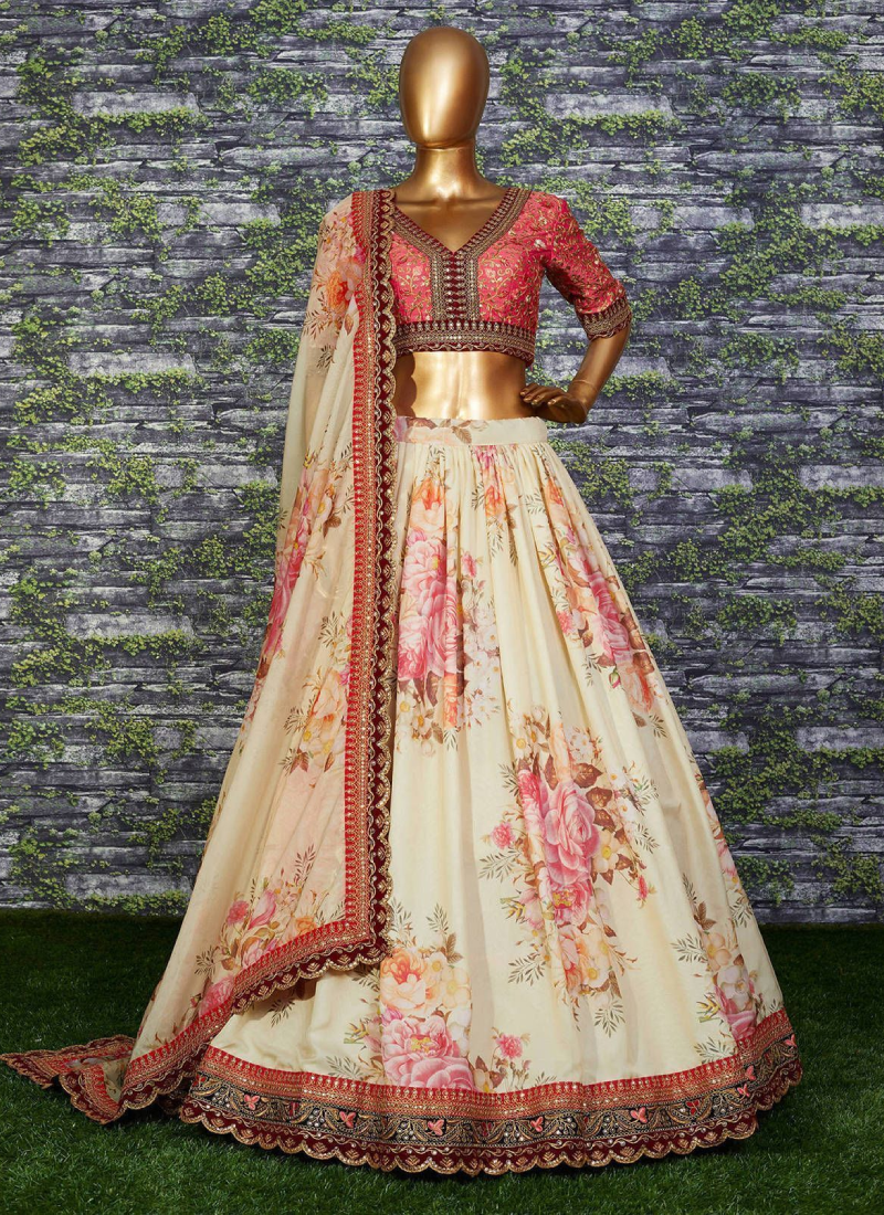 Ethnic Wear Organza Off White Embroidered Lehenga Choli