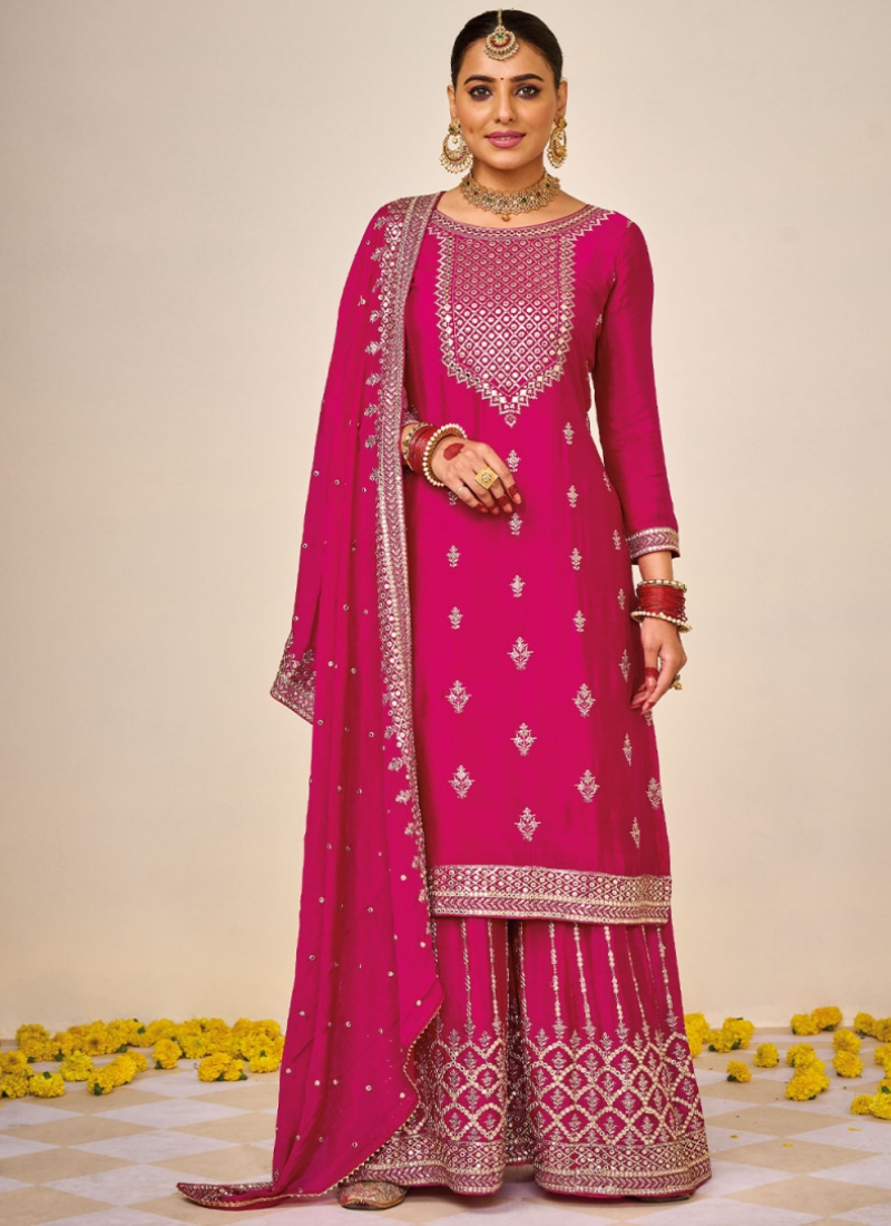 Captivating Rani Pink Heavy Embroidery Work Chinon Palazzo Suit
