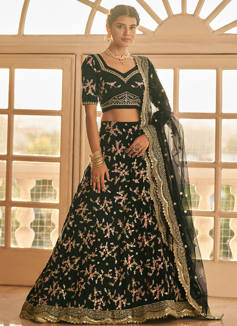 Chinon Silk Multi Thread Work Designer Black Lehenga Choli tapee.in