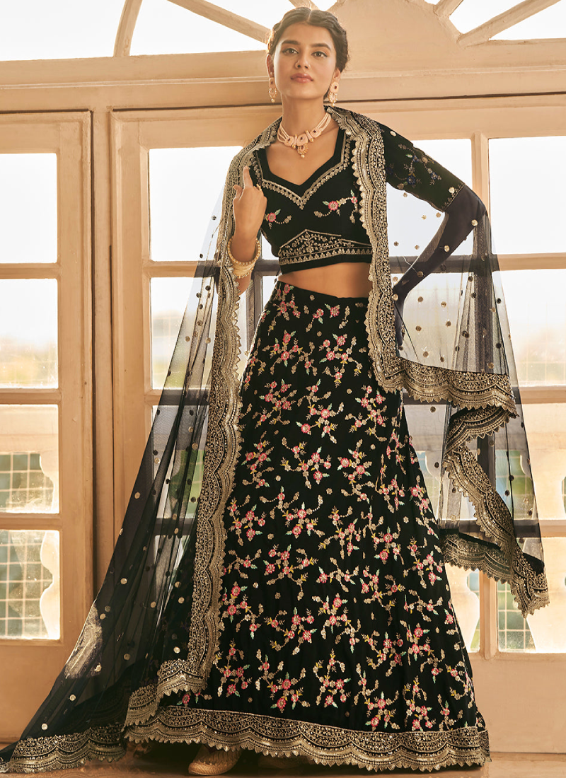 Chinon Silk Multi Thread Work Designer Black Lehenga Choli
