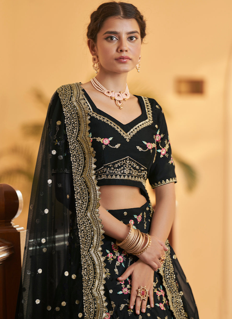 Chinon Silk Multi Thread Work Designer Black Lehenga Choli