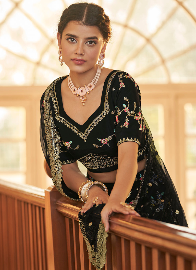 Chinon Silk Multi Thread Work Designer Black Lehenga Choli