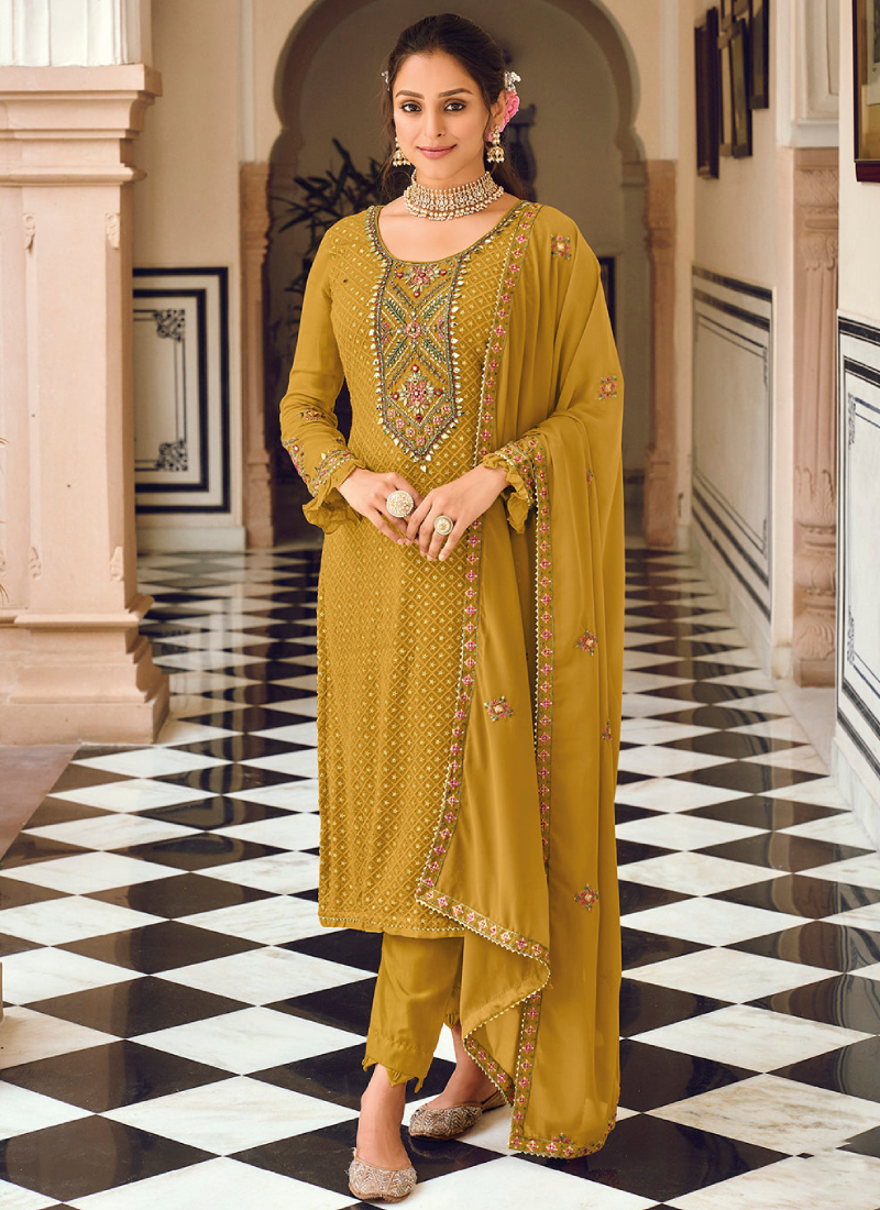 Classic Embroidery Work Georgette Mustard Yellow Salwar Suit