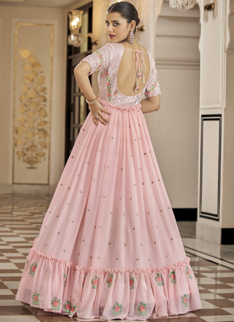 Classical Ruffle Style Georgette Thread Embroidered Pink Gown