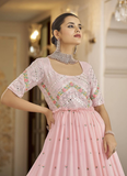 Classical Ruffle Style Georgette Thread Embroidered Pink Gown