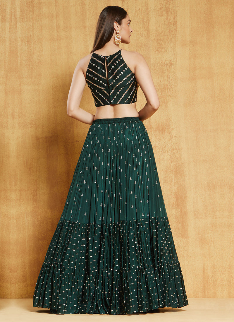 Dark Green Georgette Sequence Ruffle Style Lehenga Choli