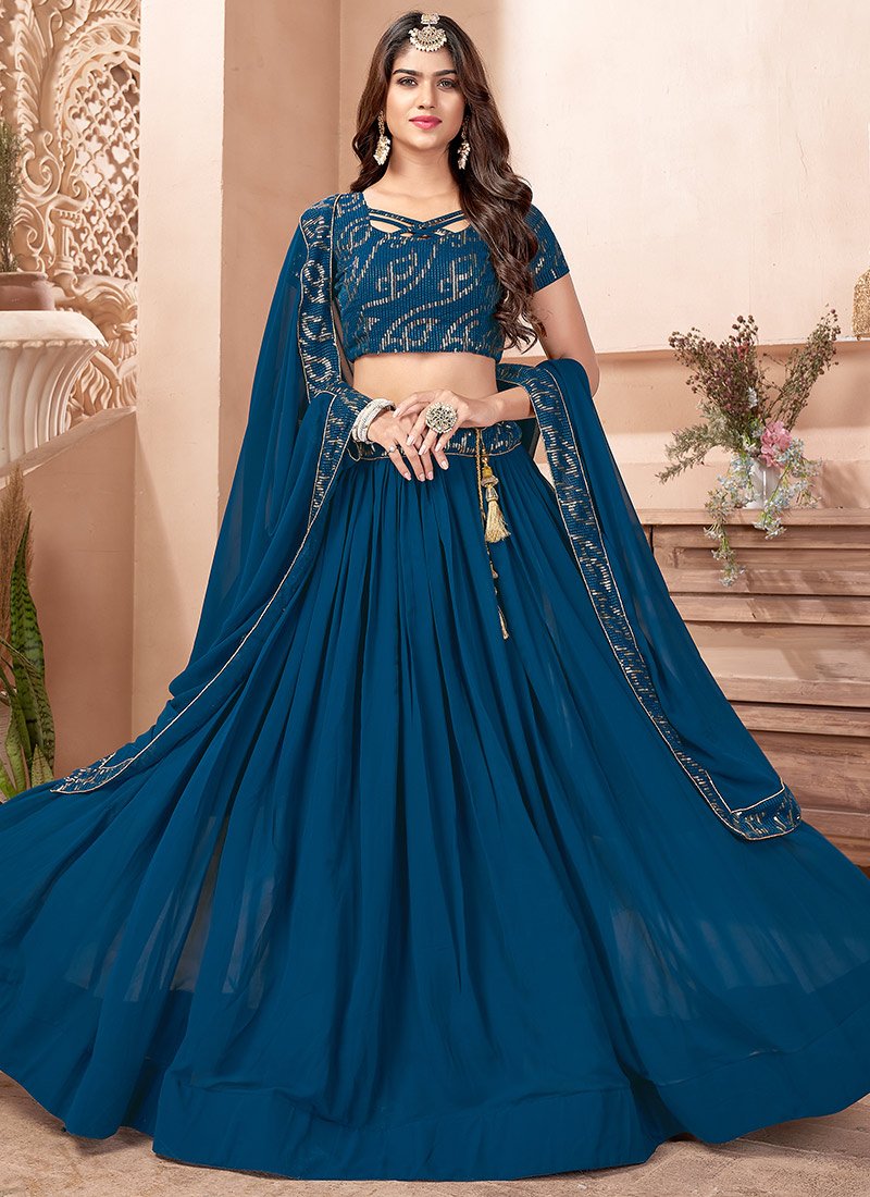 Dazzling Thread Embroidered Faux Georgette Teal Blue Lehenga