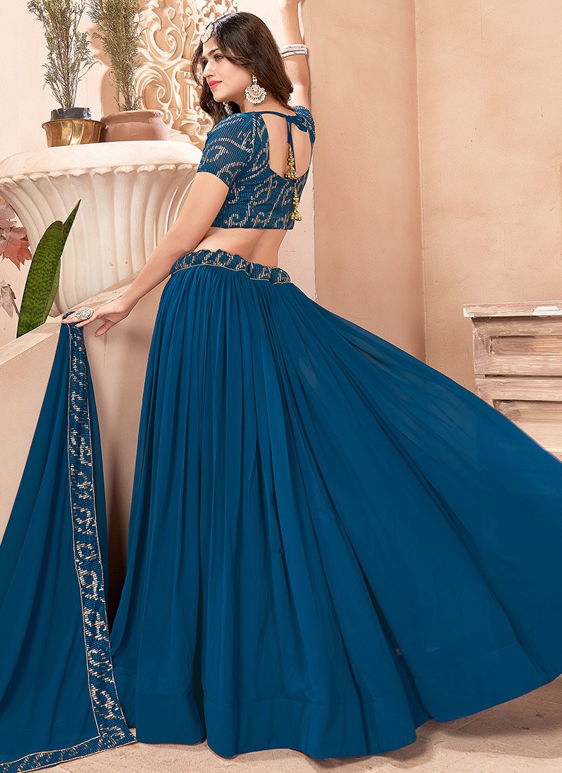 Dazzling Thread Embroidered Faux Georgette Teal Blue Lehenga