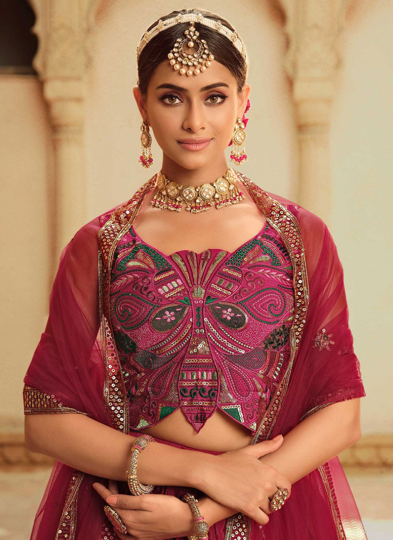 Deep Pink Shaded Silk Embroidered Lehenga With Fancy Blouse