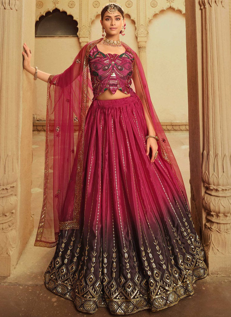 Deep Pink Shaded Silk Embroidered Lehenga With Fancy Blouse