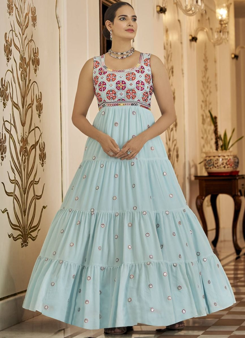 Designer Party Wear Sky Blue Georgette Sequence Embroidered Gown