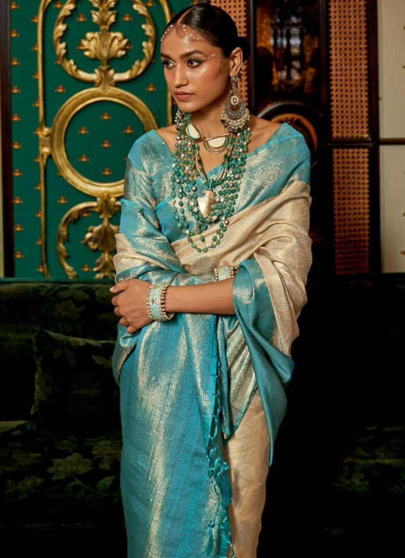 Designer Silk Zari Weaving Work Beige And Sky Blue Saree