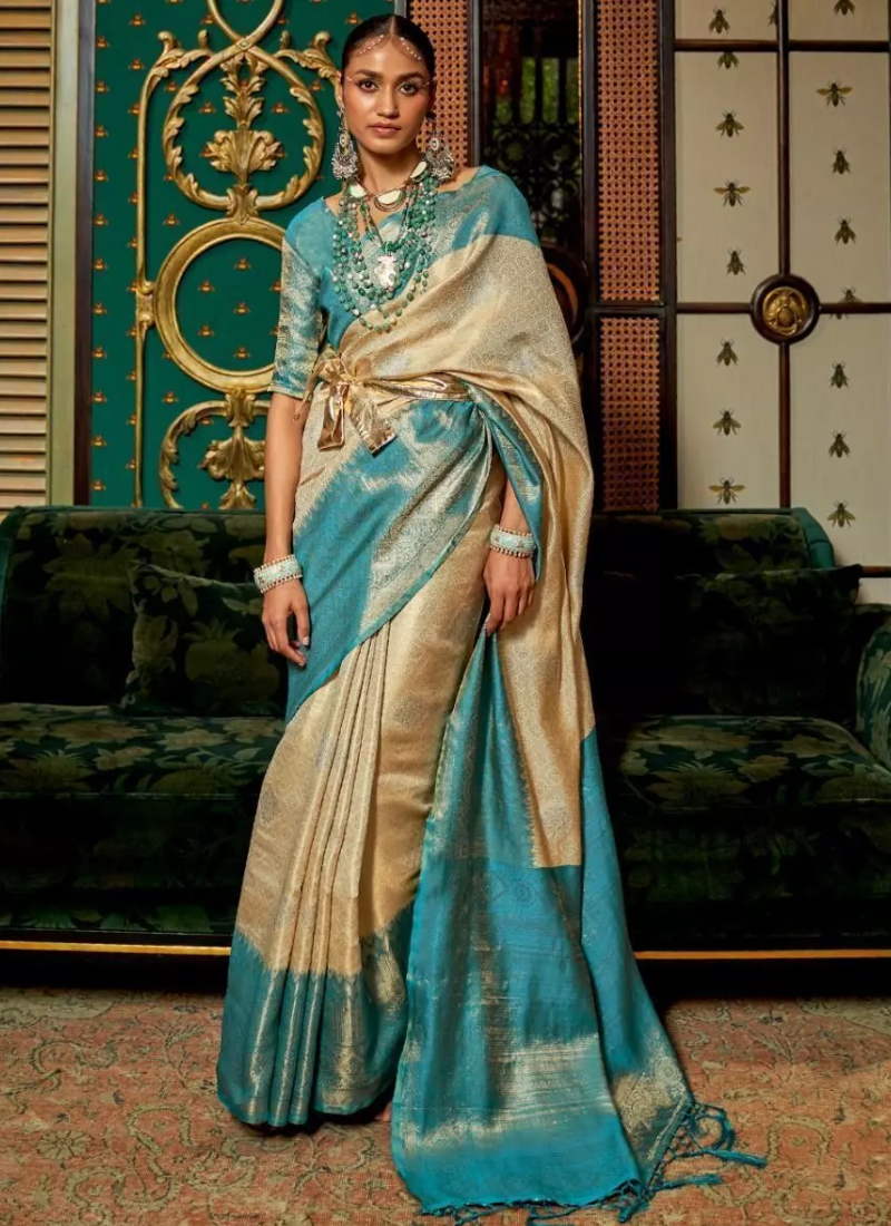 Designer Silk Zari Weaving Work Beige And Sky Blue Saree