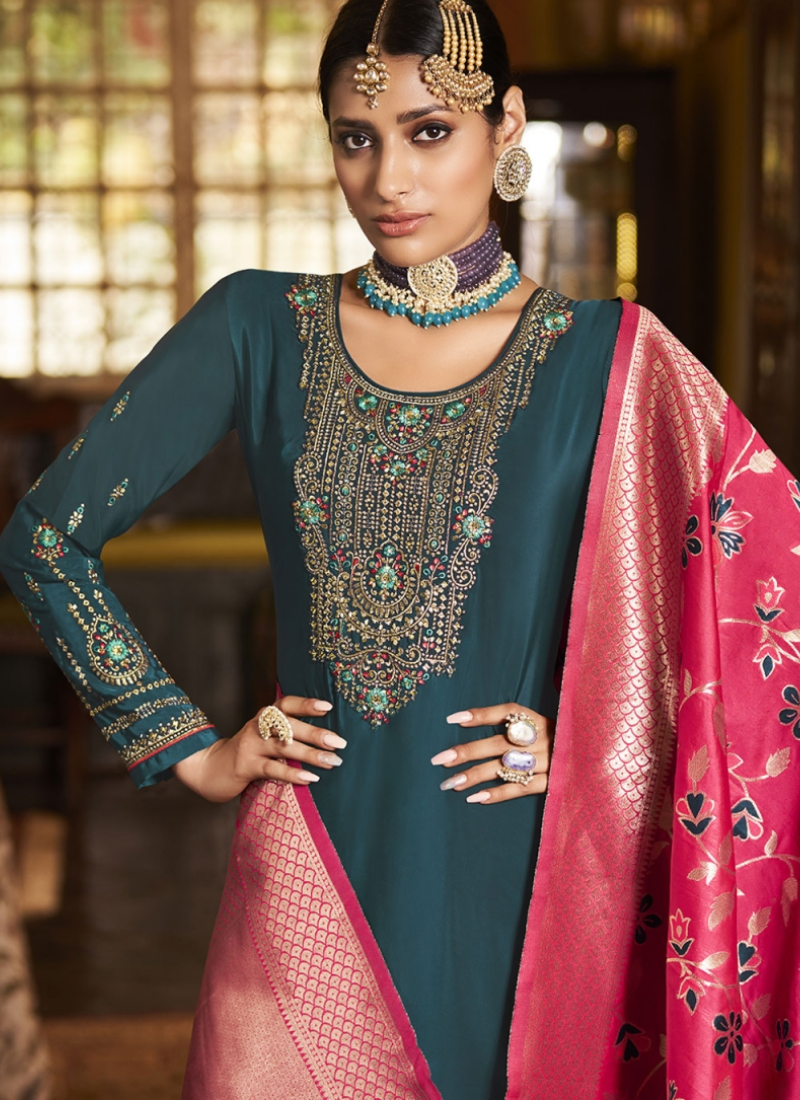 Designer Teal Green Embroidered Work Crepe Silk Palazzo Suit